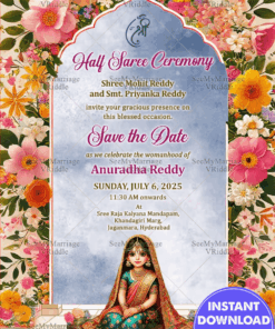 Serene Sky Theme Half Saree Ceremony Invitation Card with Floral Arch Background