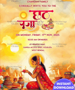 Sunset Devotion Chhath Puja Invitation Card with Riverside Theme