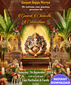 Traditional Ganesh Chaturthi Celebrations Invitation Card and Temple Architecture Background