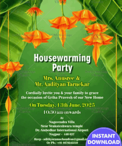 Tropical Floral Housewarming Party Invitation Card with Green Theme Background
