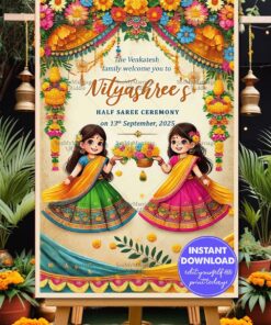 Two Cartoon Sisters Half Saree Ceremony Welcome Poster with Floral Theme