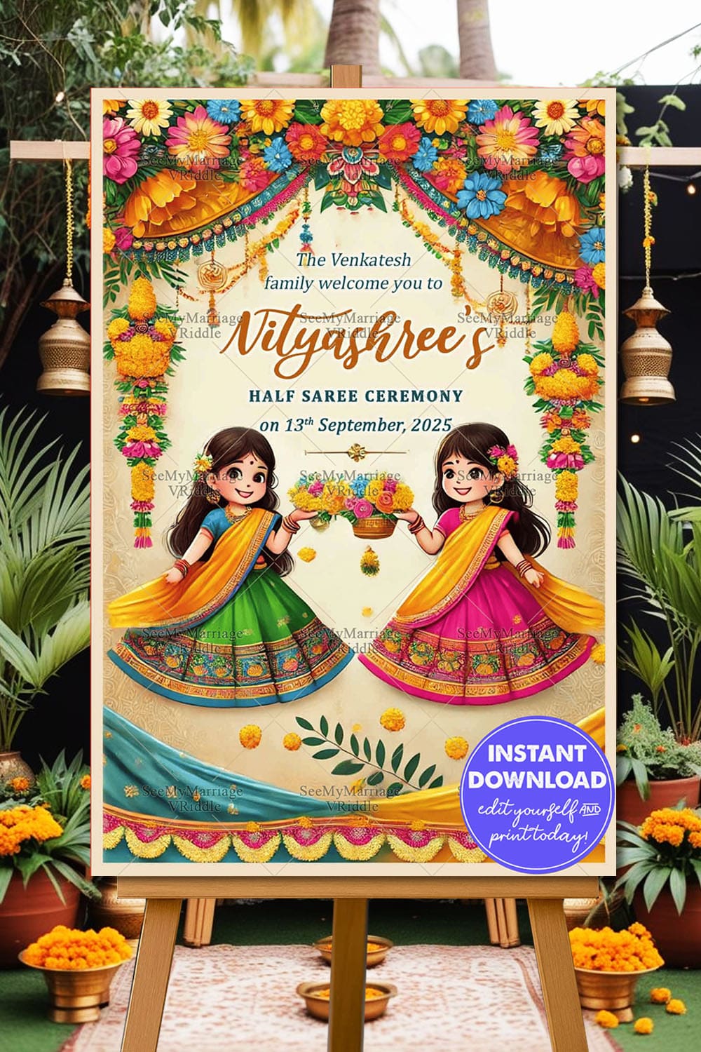 Two Cartoon Sisters Half Saree Ceremony Welcome Poster with Floral Theme