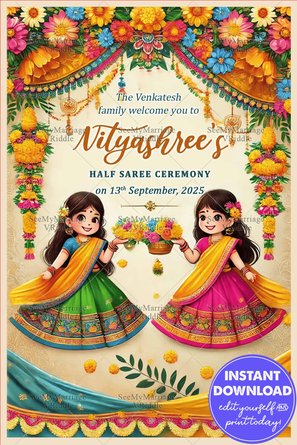Two Cartoon Sisters Half Saree Ceremony Welcome Poster with Floral Theme - Image 2