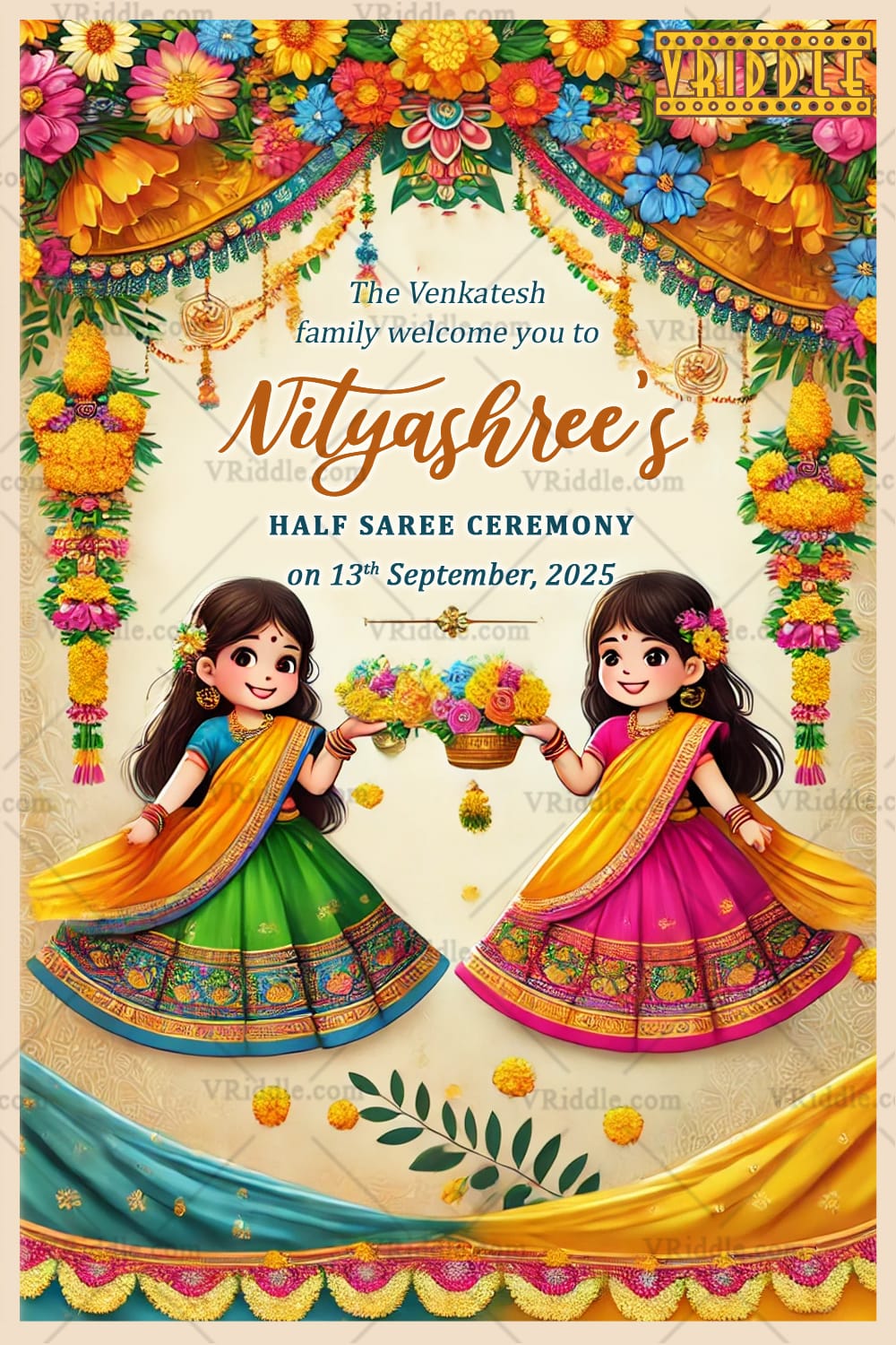Two Cartoon Sisters Half Saree Ceremony Welcome Poster with Floral Theme - Image 3