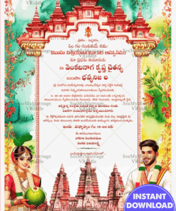Vibrant Telugu Wedding Invitation Card with Floral Theme Background