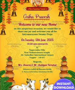 Yellow Theme Griha Pravesh Ceremony Invitation Card with Traditional Cows and Golden Bells Decor