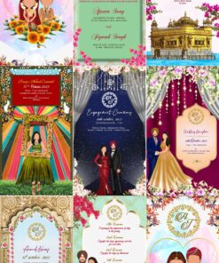 Beautiful Caricature Themed Punjabi Wedding Celebration Collage Card with Floral Background