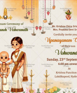Cartoon Family Theme Traditional Upanayanam Ceremony Invitation Card with White Color Background