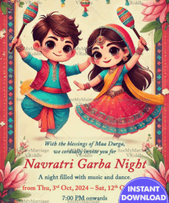 Cartoon Theme Navratri Garba Night Festive Invitation Card with Floral Backdrop