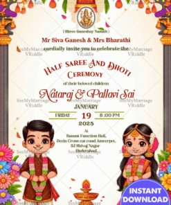 Colorful Half Saree and Dhoti Ceremony Invitation Card with Cartoon Style Characters