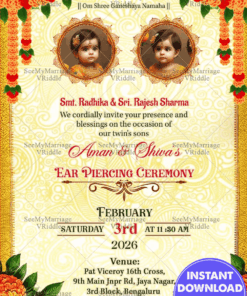 Golden Theme Twins Baby Ear Piercing Ceremony Invitation Card with Add Photo Background