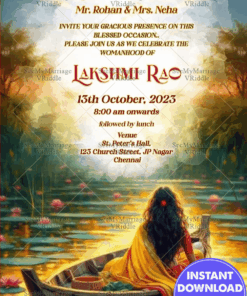 Lake Boat Half Saree Ceremony Invitation with Lotus Theme
