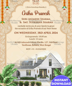 Marigold Garlands Theme Traditional Griha Pravesh Ceremony Invitation Card with Add Photo Background