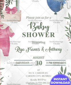 Pink Outfit Baby Shower Invitation with Blue Balloon Design