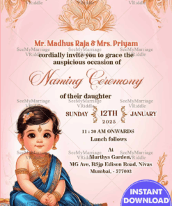 Pink Theme Naming Ceremony Invitation Card with Floral Patterns