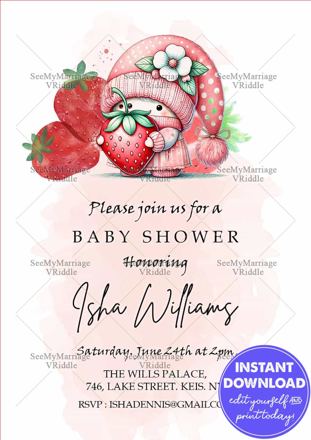 Strawberry Gnome Baby Shower Invitation for Isha Williams
