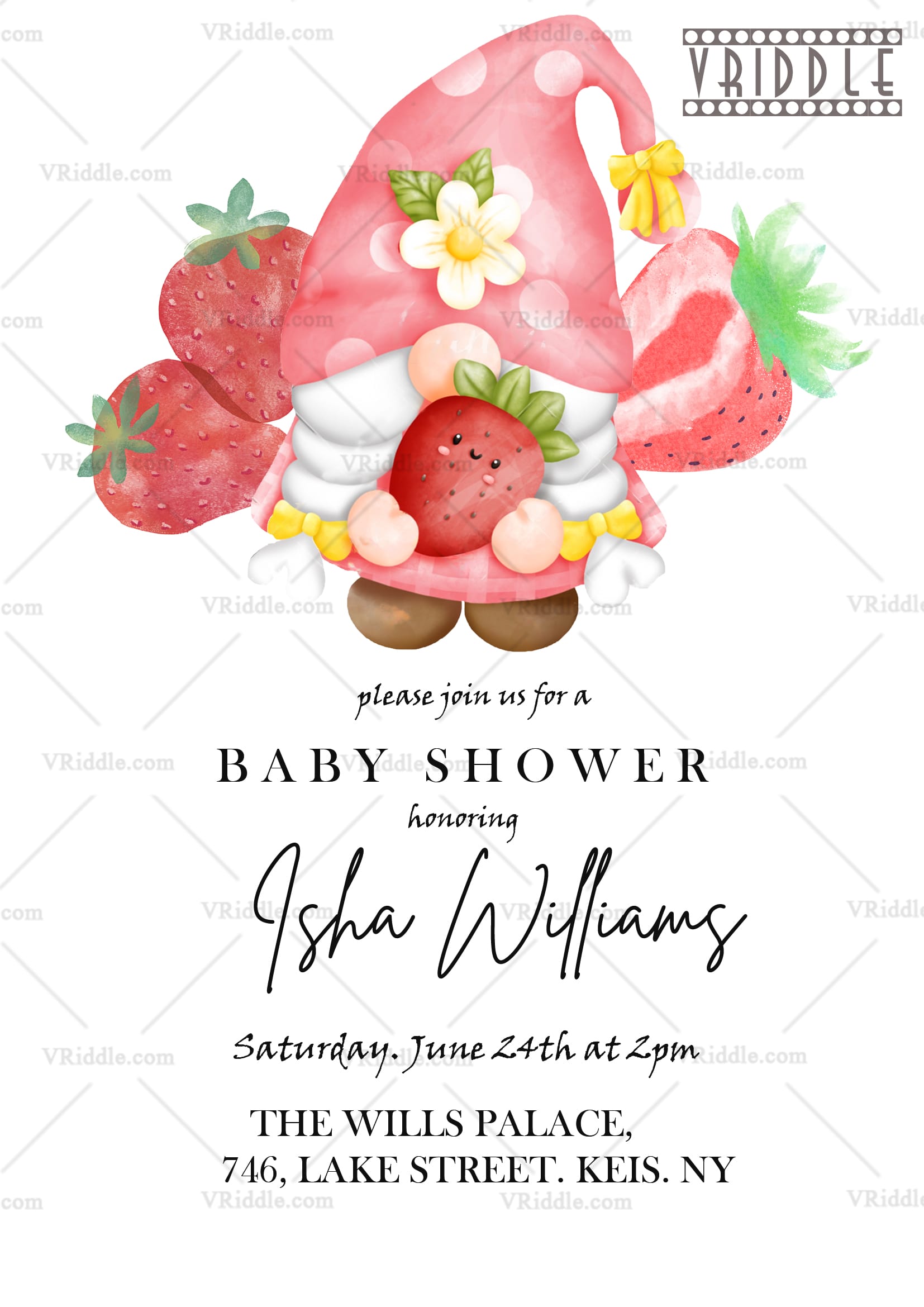 Strawberry Gnome Baby Shower Invitation for Isha Williams - Image 2