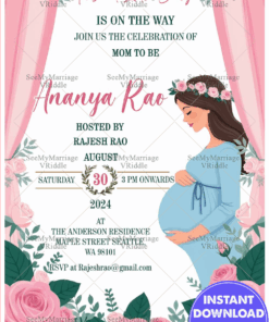 Western Theme Baby Shower Invitation Card with Pink Blossom Decor