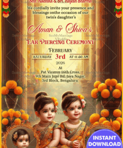Yellow Floral Theme Twin Girls Ear Piercing Ceremony Invitation Card with Add Photo Background