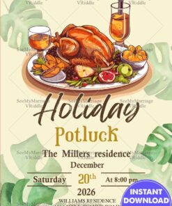 Thanksgiving-Themed Holiday Potluck Invitation with Roasted Turkey Platter Illustration and Leaves Background