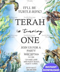 Turtle Oceanic Sea Adventure Themed First Birthday Party Invitation