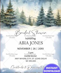 Winter Forest Bridal Shower Invitation with Snow-Covered Pines and Watercolor Blue Gradient Design