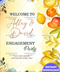 Summer Citrus-Themed Engagement Party Banner with Yellow Lemons and Flowers