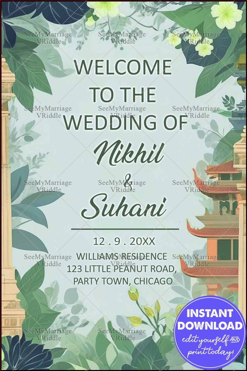 Botanical Wedding Welcome Banner with Greenery and Asian Architectural Elements - Image 2