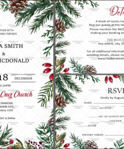 Christmas Themed Wedding Invitation Suite with Pine Branch and Berry Motif Borders, RSVP, and Details Card