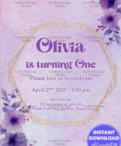 1st Birthday Invitation with Lavender Floral Background and Geometric Gold Accents