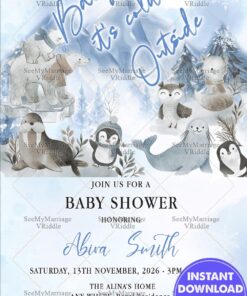 Arctic Animals-Themed Baby Shower Invitation in Snowy Winter Background in Pastel Blue Tones