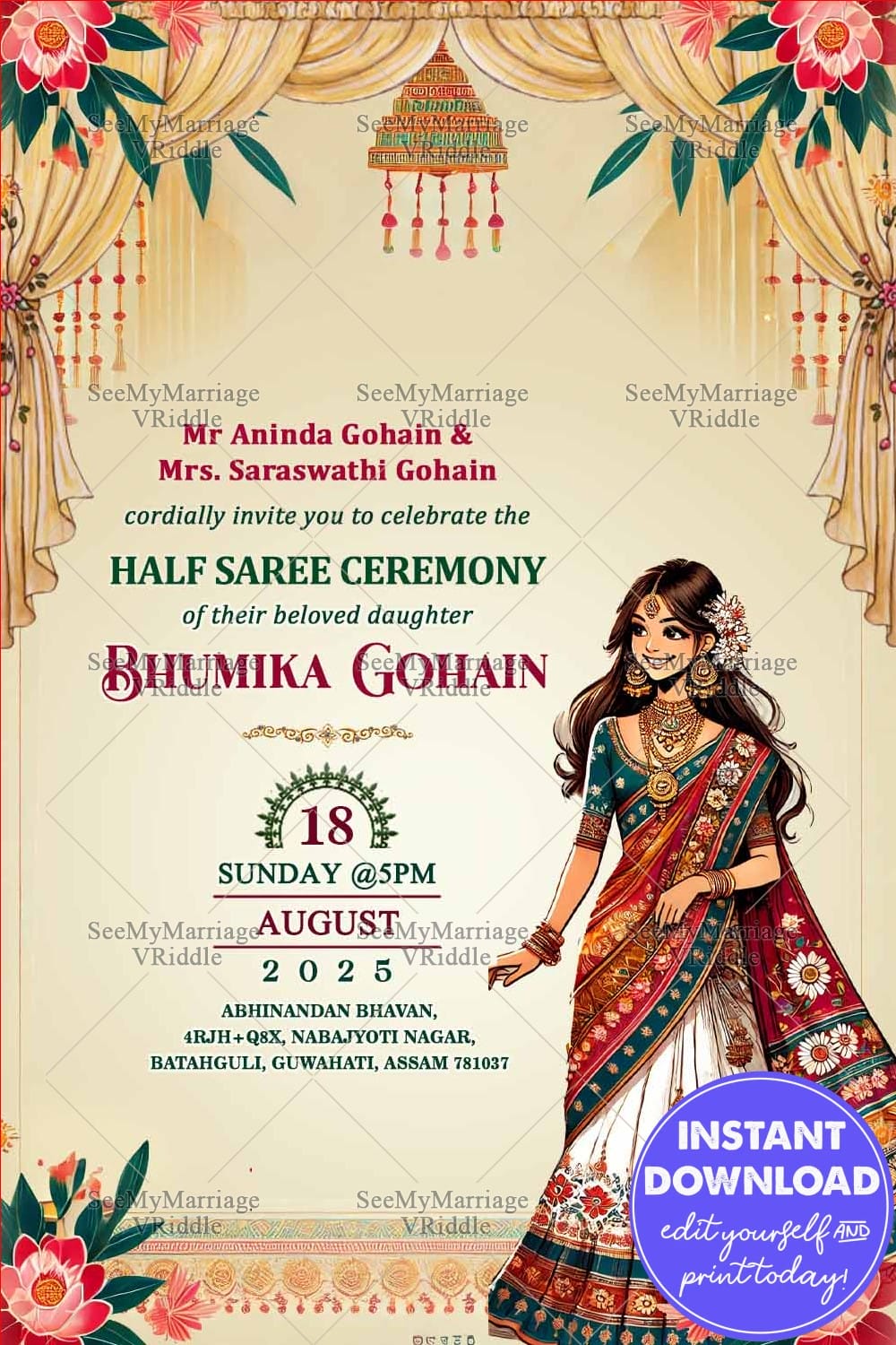 Assamese Elegance Half Saree Invitation with Floral