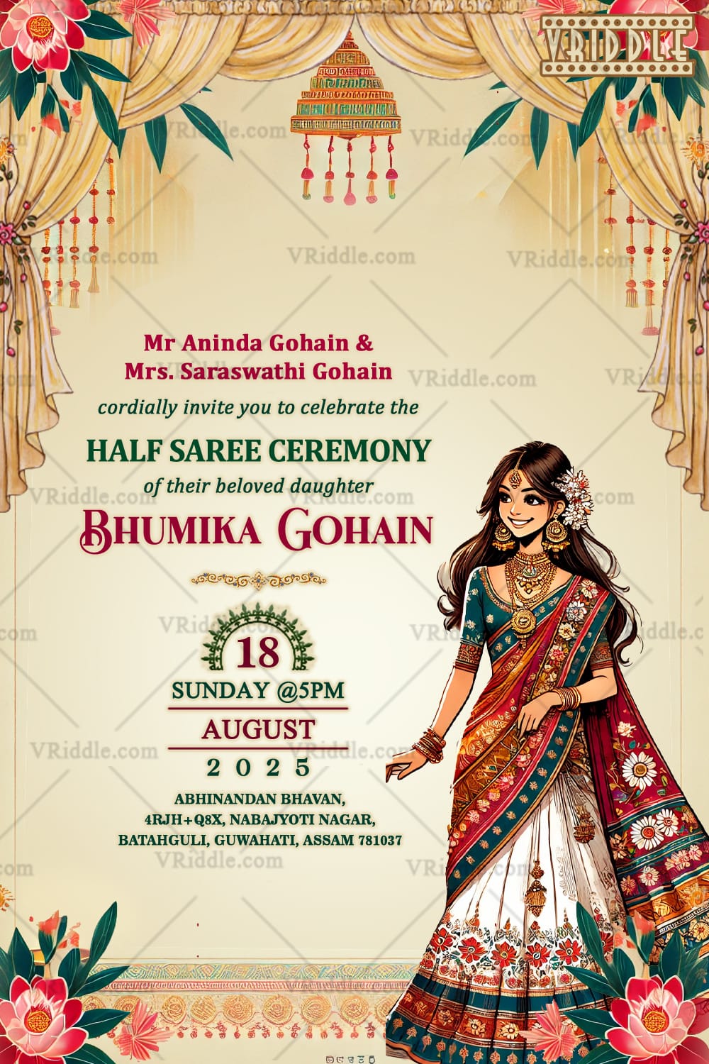 Assamese Elegance Half Saree Invitation with Floral - Image 2