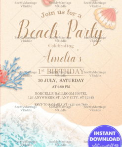 Beach Party Birthday Invitation Seashell and Ocean Theme