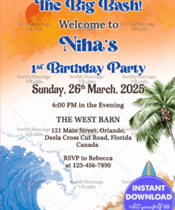 Beach Wave Birthday Invitation with Tropical Palm and Surfboards