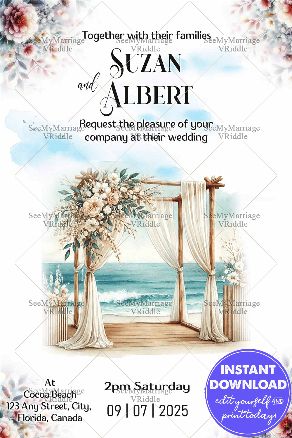 Beachfront Wedding Invite with Watercolor Florals and Ocean View Background