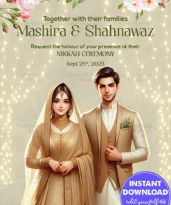 Beige and Gold-Themed Nikkah Ceremony Invitation with Couple in Traditional Attire, Florals and String Light Motifs