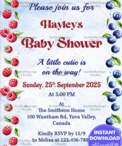 Berry-Themed Baby Shower Invitation with Watercolor Raspberries and Blueberries
