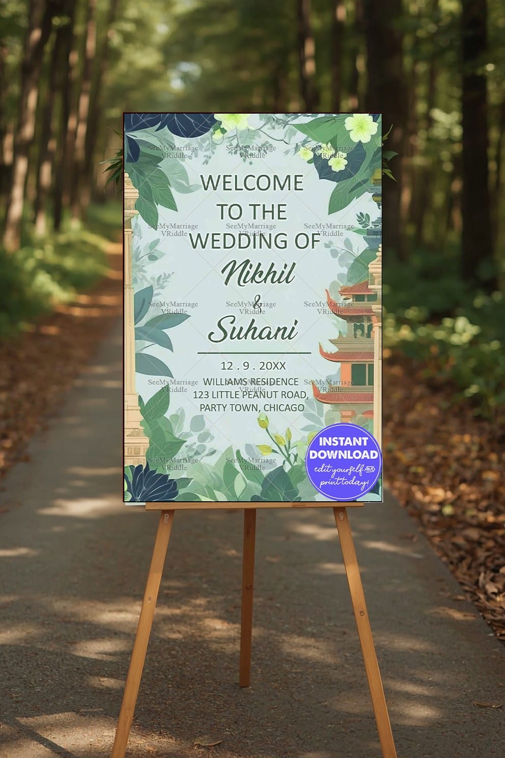 Botanical Wedding Welcome Banner with Greenery and Asian Architectural Elements