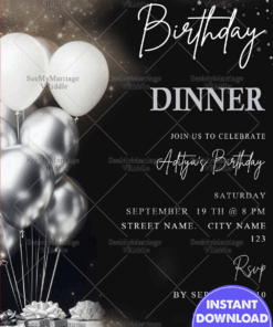 Chic Black and Silver Birthday Dinner Invitation with Balloons and Sparkling Accents