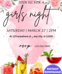 Chic Girls' Night Invitation with Pink Roses and Cocktail Drinks Illustrations