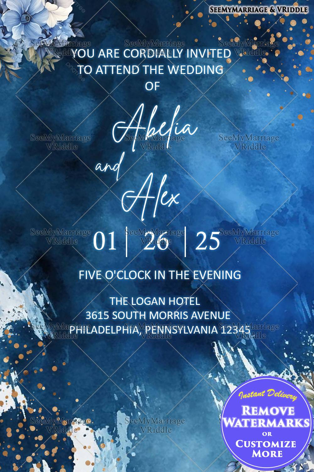 Classic Midnight Blue Wedding Invitation with Floral and Gold Accents