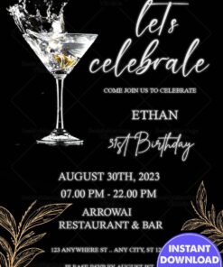 Classy 31st Birthday Party Invite with Modern Black & Gold Elements and Martini Glass