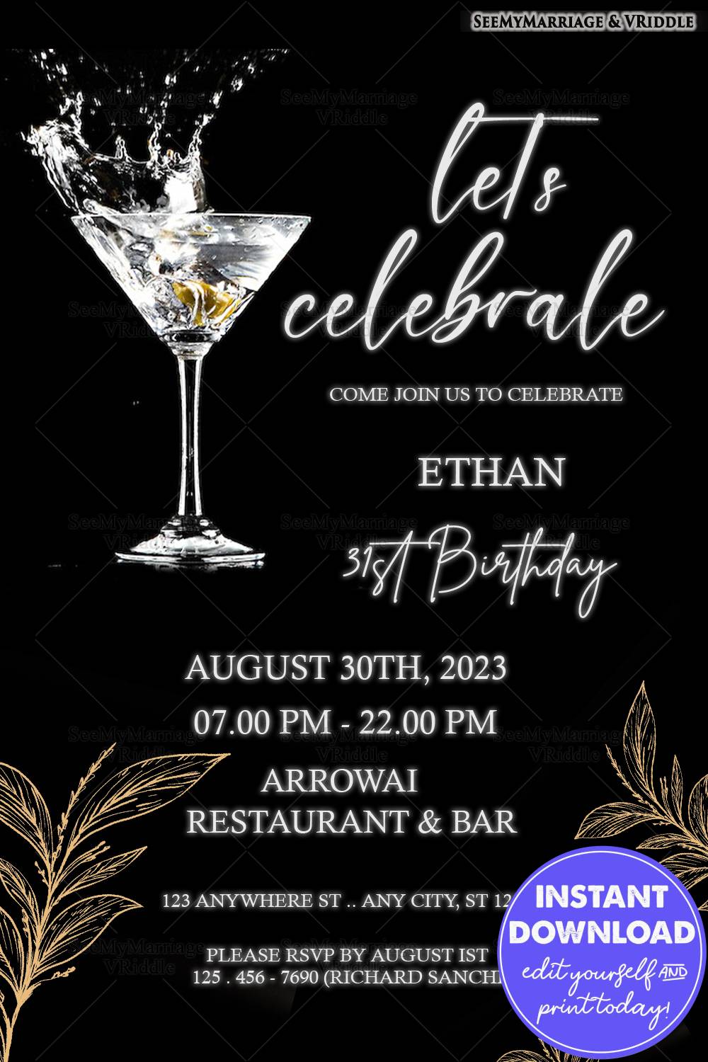Classy 31st Birthday Party Invite with Modern Black & Gold Elements and Martini Glass