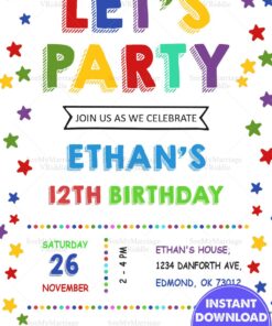 Colorful 12th Birthday Party Invitation with Stars and Bold Rainbow Typography