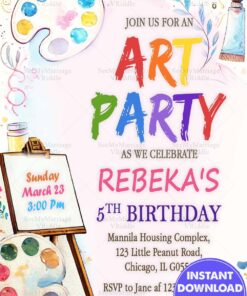 Colorful Art Party Invitation for 5th Birthday with Paint Palette and Artistic Details