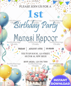 Colorful Balloons First Birthday Party Invitation Card