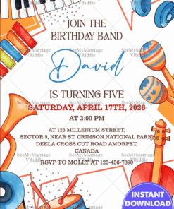 Colorful Kids' Birthday Party Invitation with Musical Instrument Illustrations and Playful Vibes for 5th Celebration