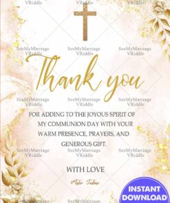 Communion Thank-You Card Golden Cross with Elegant Floral Accents