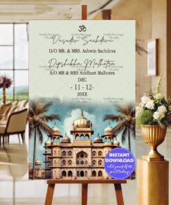 Traditional Palace Wedding Invitation Om Symbol with Bride and Groom Details